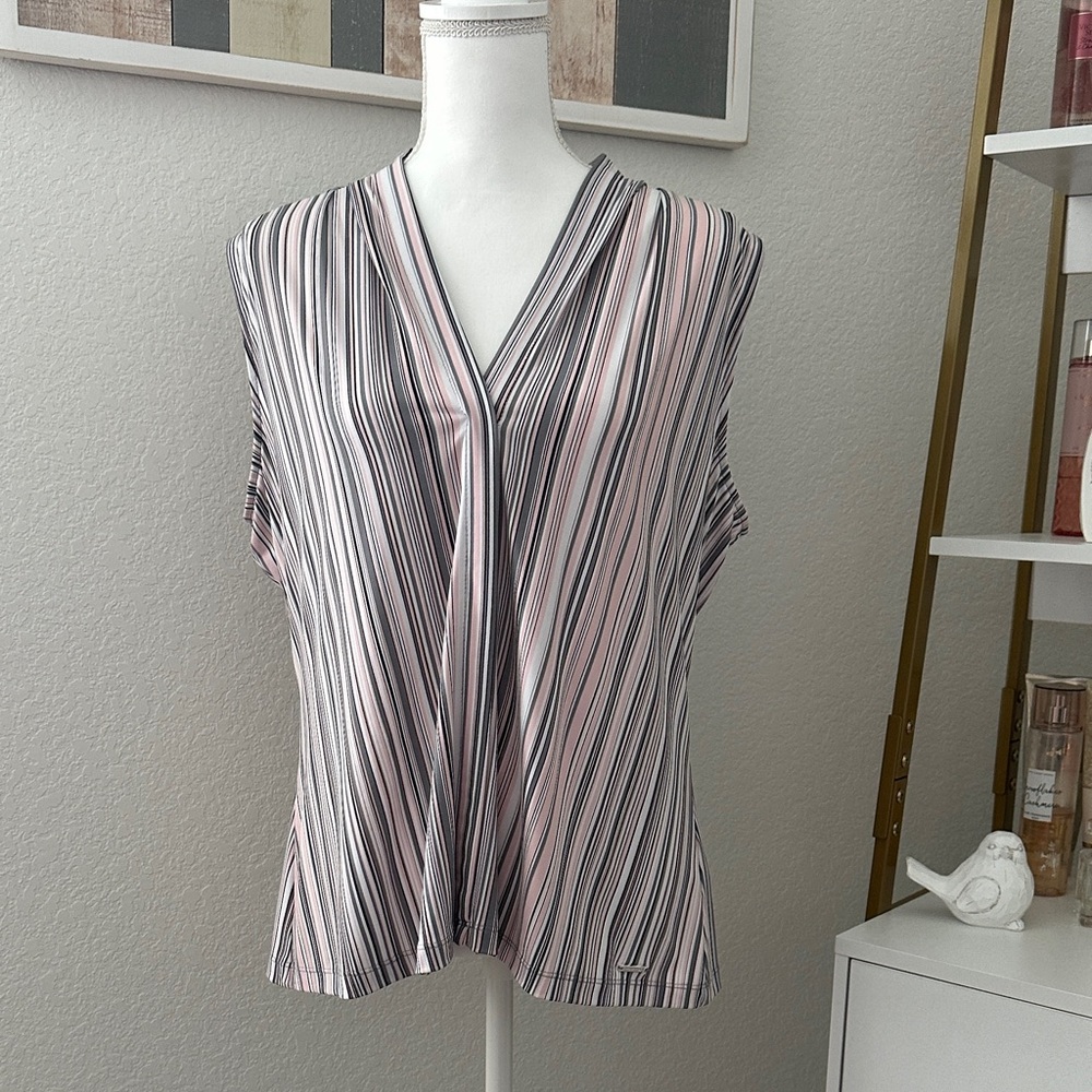Calvin Klein Striped V-Neck Blouse - Black, White, Pink and Gray